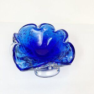 Vintage Murano Blue Bubble Glass Ashtray Rolled Dish Controlled Bubbles MCM Art